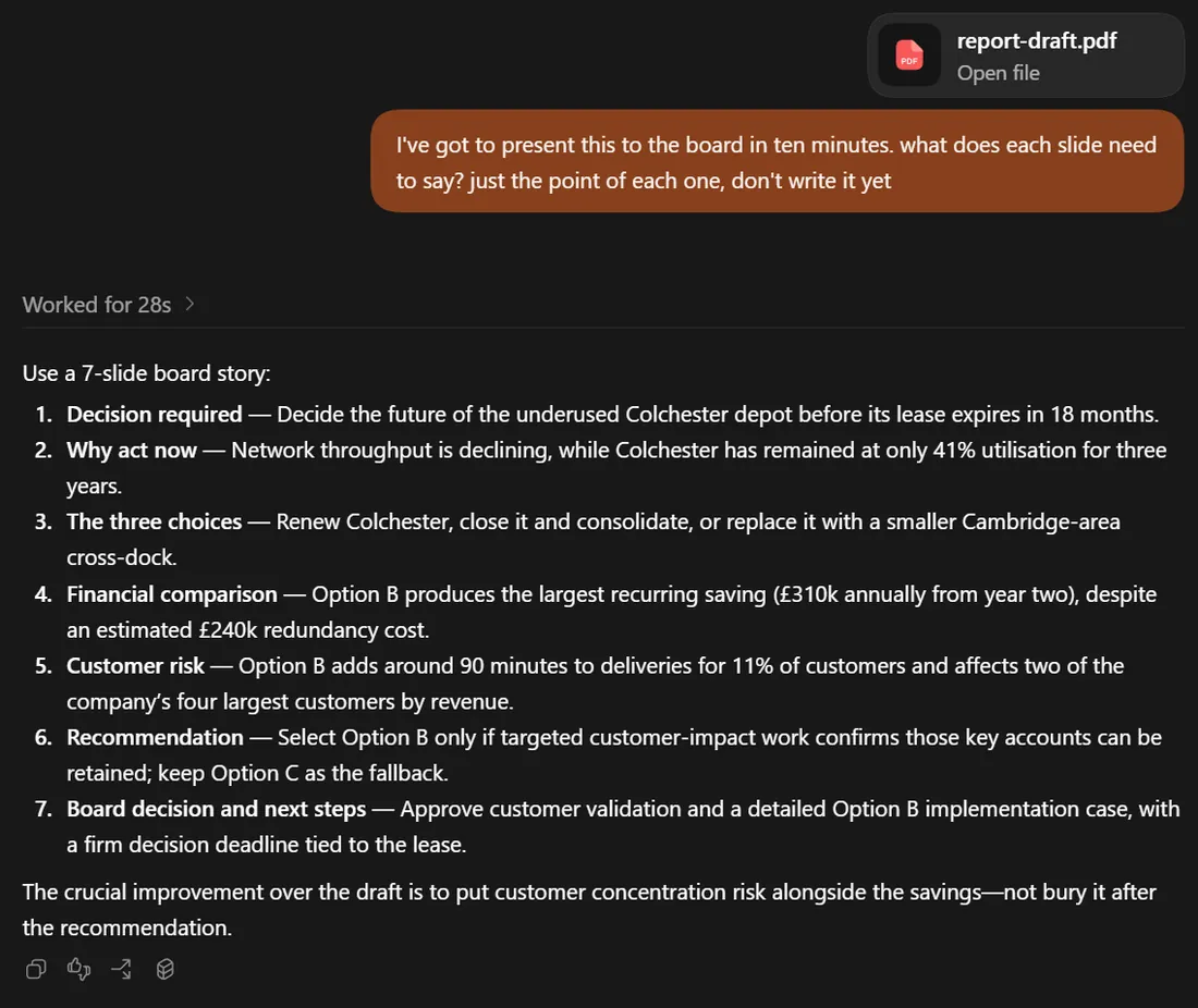 A chat turning an uploaded report into a seven-slide board narrative, each slide with a heading and the single point it has to make.
