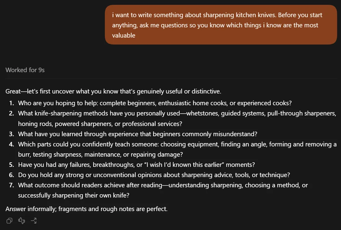 A chat where the assistant, asked to write about knife sharpening, responds with seven numbered questions about the writer's experience and audience before producing anything.
