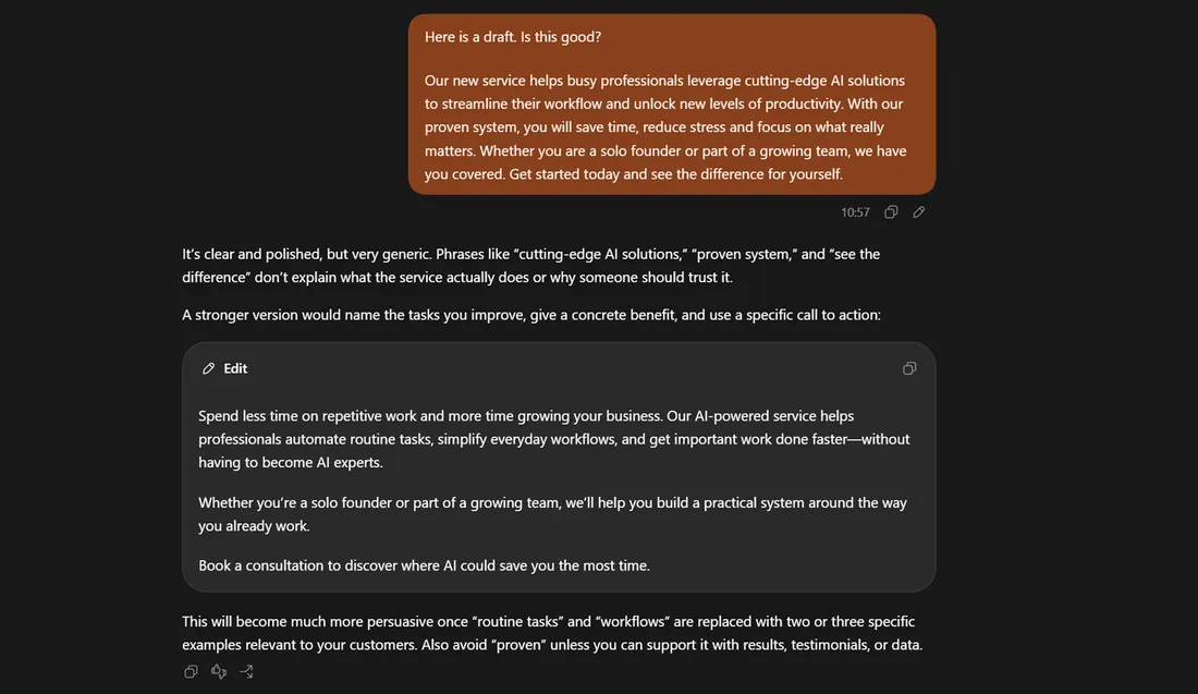 A chat where a draft of marketing copy is submitted for review; the assistant calls it generic, names the specific empty phrases, and rewrites it with concrete detail.