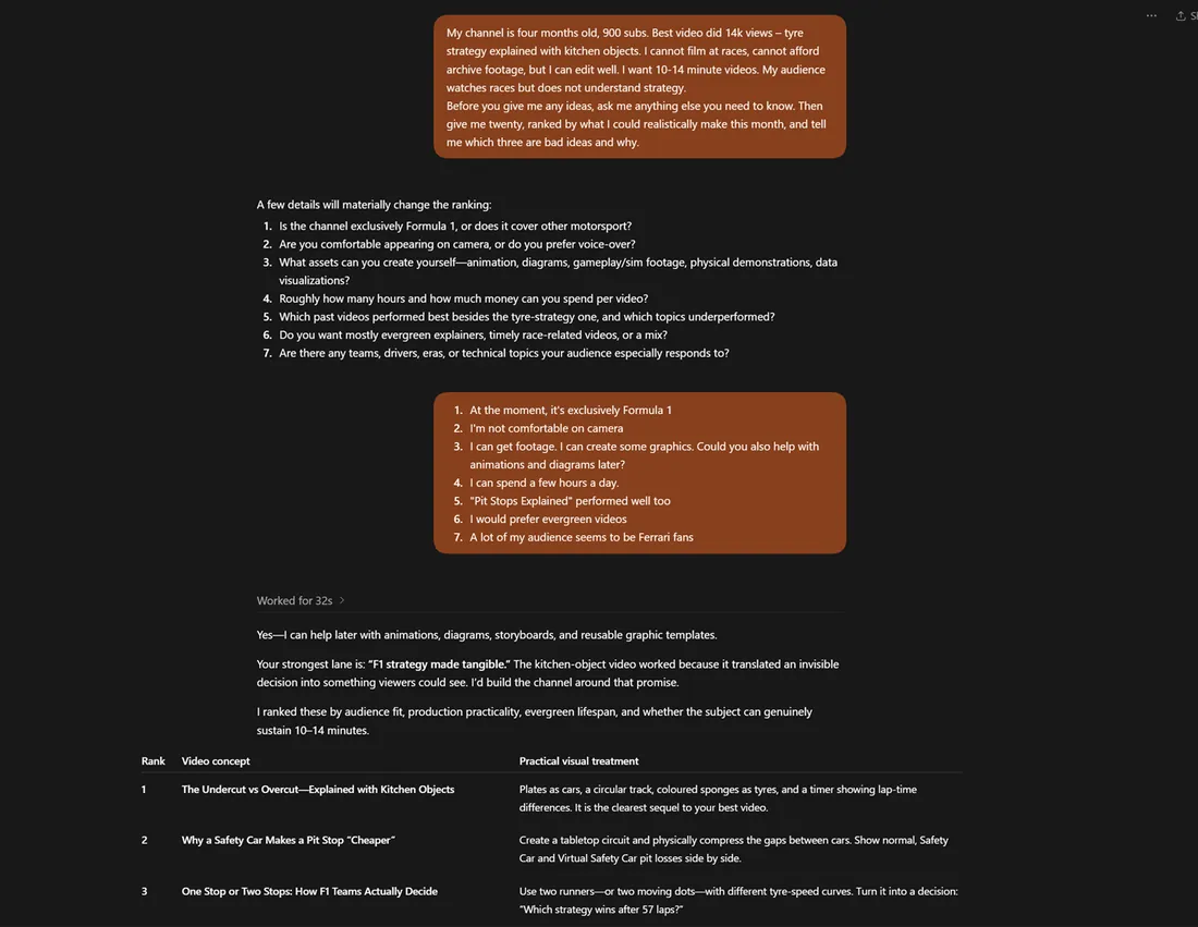 A chat listing seven questions about filming setup and equipment, followed by a ranked table of video concepts with practical visual treatments.