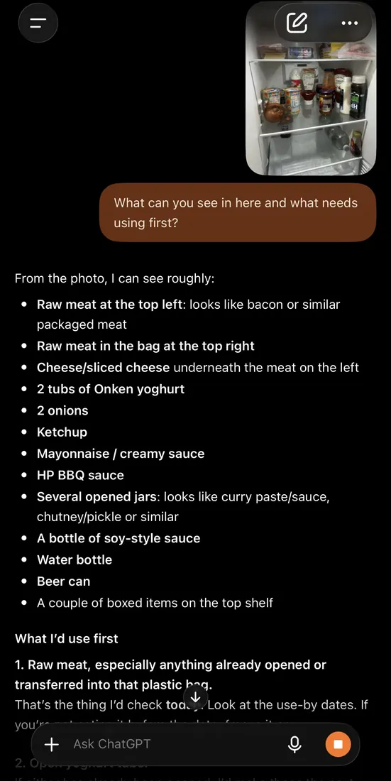 A phone chat: a photo of the inside of a fridge, with the assistant listing what it can see and what should be used first.